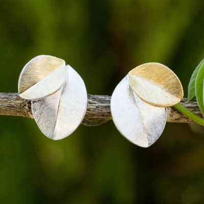 Gold vermeil and sterling silver button earrings, 'Sunlit Leaves' - 24k Gold Vermeil and Sterling Silver Earrings