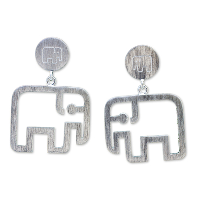 Sterling silver dangle earrings, 'Elephant Encounter' - Unique Than Brushed Sterling Silver Dangle Earrings