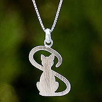 Sterling silver pendant necklace, 'Shadow Cat'
