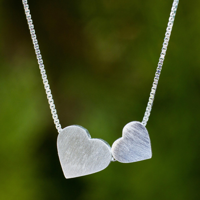 Sterling silver heart necklace, 'A Couple's Heart' - Original Brushed Silver Heart Necklace from Thailand