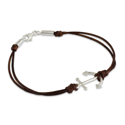 Leather and sterling silver bracelet, 'Anchor of Strength' - Fair Trade Brown Leather Bracelet with Silver Anchor
