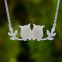 Sterling silver pendant necklace, 'Owls in Love' - Handcrafted Thai Silver Owl Theme Necklace
