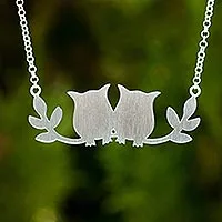 Sterling silver pendant necklace, 'Owls in Love'