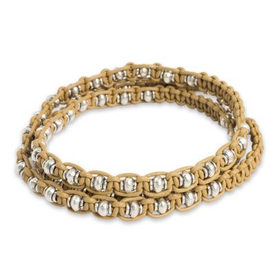 Men's leather and silver wrap bracelet, 'Impressions in Tan' - Leather Macrame Bracelet with Silver Beads for Men