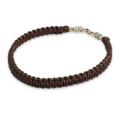 Men's leather macrame bracelet, 'Essence of Style in Brown' - Men's Bracelet Handmade in Brown Leather and Silver