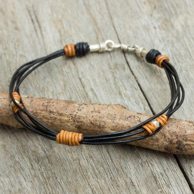 Men's leather and silver bracelet, 'Let's Go' - Hand Made Leather Bracelet with Sterling Silver for Men