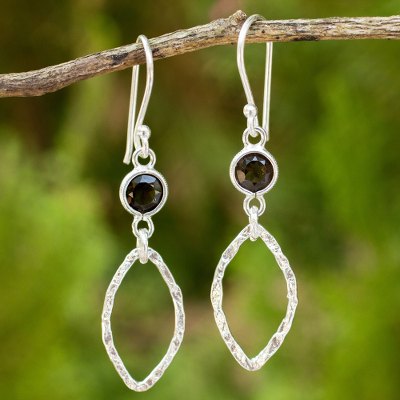 Smoky quartz dangle earrings, 'Minimalist Ellipse Textures' - Hand Crafted Sterling Silver and Smoky Quartz Earrings