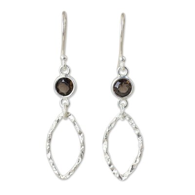 Smoky quartz dangle earrings, 'Minimalist Ellipse Textures' - Hand Crafted Sterling Silver and Smoky Quartz Earrings