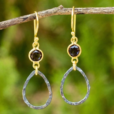 Gold vermeil smoky quartz dangle earrings, 'Sense of Romance' - Gold Vermeil Earrings with Smoky Quartz and Sterling Silver