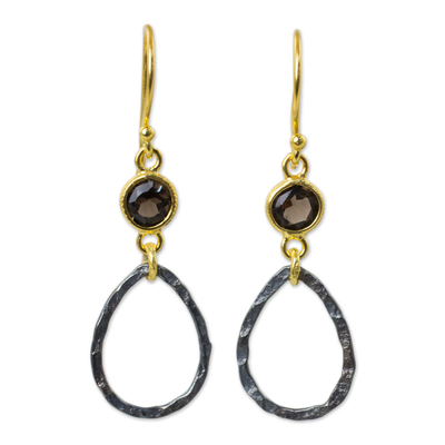 Gold vermeil smoky quartz dangle earrings, 'Sense of Romance' - Gold Vermeil Earrings with Smoky Quartz and Sterling Silver
