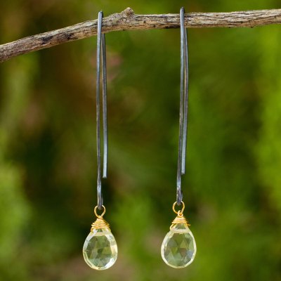 Lemon quartz dangle earrings, 'Midnight Meadow' - Thai Lemon Quartz Dangle Hook Earrings with Silver and Gold