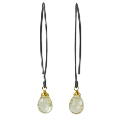 Lemon quartz dangle earrings, 'Midnight Meadow' - Thai Lemon Quartz Dangle Hook Earrings with Silver and Gold