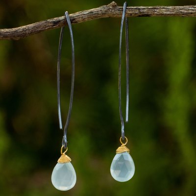 Chalcedony dangle earrings, 'Sublime Blue Sparkle' - Earrings Chalcedony Gold Vermeil Accent Earrings with Silver