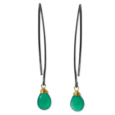 Chalcedony dangle earrings, 'Sublime Green Sparkle' - Sterling Silver Green Chalcedony Earrings Gold Vermeil