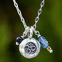 Kyanite pendant necklace, 'Sacred Mantra' - Thai Hill Tribe Om Symbol Silver Necklace with Kyanite