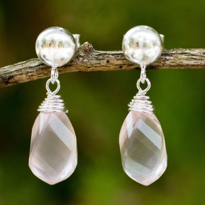 Rose quartz dangle earrings, 'From Chiang Mai with Love' - Sterling Silver and Rose Quartz Artisan Crafted Earrings