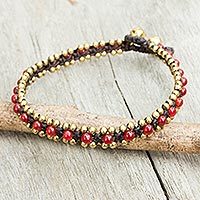 Quartz anklet, 'Tinkling Bells' - Red Quartz Hand Crocheted Anklet with Brass Beads and Bells