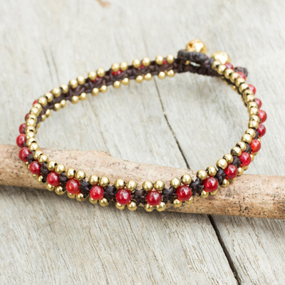 Quartz anklet, 'Tinkling Bells' - Red Quartz Hand Crocheted Anklet with Brass Beads and Bells