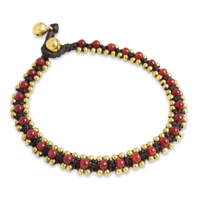 Quartz anklet, 'Tinkling Bells' - Red Quartz Hand Crocheted Anklet with Brass Beads and Bells