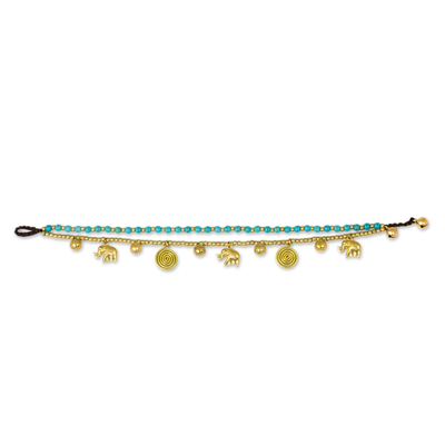 Calcite anklet, 'Elephant Bells' - Calcite Bell Anklet with Brass Beads and Charms