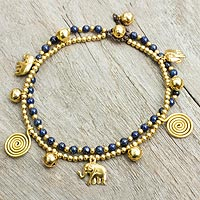 Tobillera de lapislázuli, 'Elephant Bells' - Tobillera de campana con amuletos de latón y lapislázuli