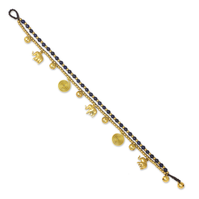 Lapis lazuli anklet, 'Elephant Bells' - Bell Anklet with Brass Charms and Lapis Lazuli