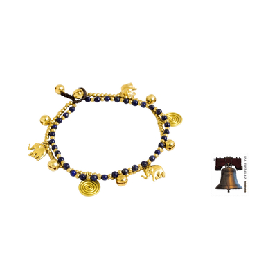 Lapis lazuli anklet, 'Elephant Bells' - Bell Anklet with Brass Charms and Lapis Lazuli