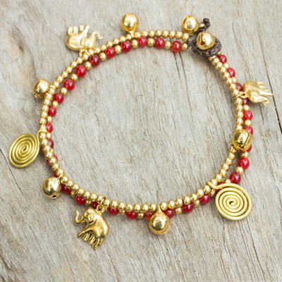 Dyed quartz anklet, 'Elephant Bells' - Red Quartz Charm Anklet with Brass Beads and Bells
