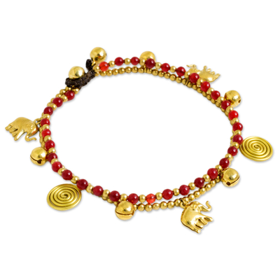 Red Quartz Charm Anklet with Brass Beads and Bells