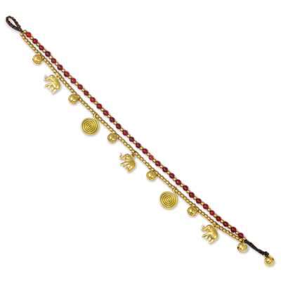 Dyed quartz anklet, 'Elephant Bells' - Red Quartz Charm Anklet with Brass Beads and Bells