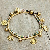 Agate anklet, 'Elephant Bells' - Colorful Thai Agate Bell Anklet with Brass Beads and Charms