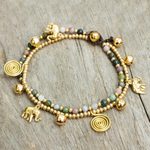 Agate charm anklet, 'Elephant Bells' - Colorful Thai Agate Bell Anklet with Brass Beads and Charms