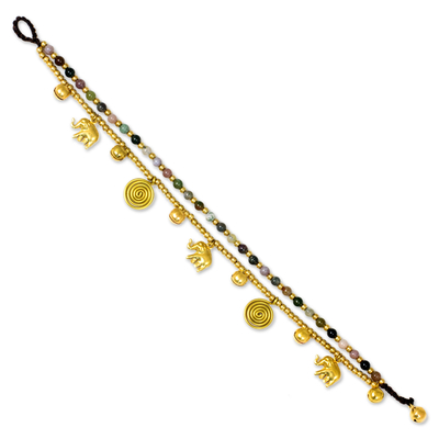 Agate charm anklet, 'Elephant Bells' - Colorful Thai Agate Bell Anklet with Brass Beads and Charms