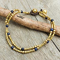 Double Strand Brass Bead Anklet with Lapis Lazuli,'Golden Bell'