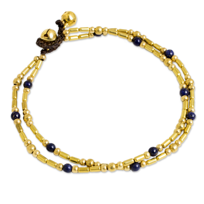 Double Strand Brass Bead Anklet with Lapis Lazuli
