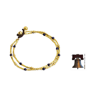 Lapis lazuli anklet, 'Golden Bell' - Double Strand Brass Bead Anklet with Lapis Lazuli