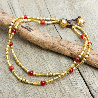 Red quartz anklet, 'Golden Bell' - Double Strand Brass Bead Anklet with Red Quartz Beads