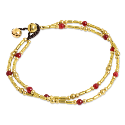 Double Strand Brass Bead Anklet with Red Quartz Beads