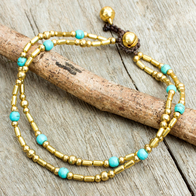 Calcite anklet, 'Golden Bell' - Thailand Blue Calcite Double Strand Brass Bead Anklet