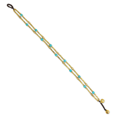 Calcite anklet, 'Golden Bell' - Thailand Blue Calcite Double Strand Brass Bead Anklet