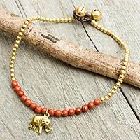 Jasper anklet, 'Stylish Elephant' - Beaded Brass Elephant Charm Anklet with Jasper