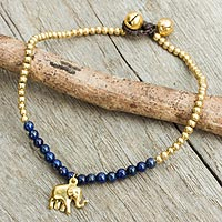 Lapis lazuli anklet, 'Stylish Elephant' - Lapis Lazuli Elephant Charm Beaded Brass Anklet
