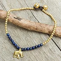 Lapis lazuli anklet, 'Stylish Elephant' - Lapis Lazuli Elephant Charm Beaded Brass Anklet