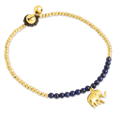 Lapis lazuli anklet, 'Stylish Elephant' - Lapis Lazuli Elephant Charm Beaded Brass Anklet
