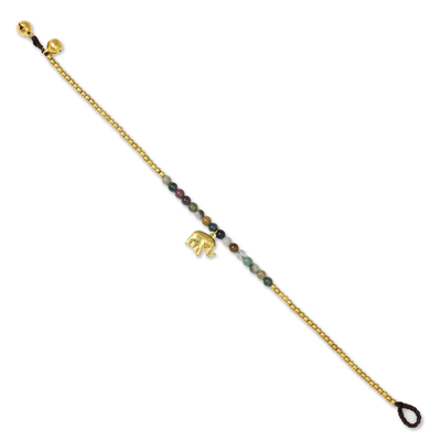 Agate anklet, 'Stylish Elephant' - Elephant Charm Agate and Beaded Brass Anklet