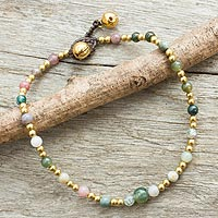 Colorful Agate and Brass Handcrafted Anklet,'Cheerful Walk'