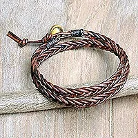 Men's tiger's eye and leather wrap bracelet, 'Double Cinnamon' - Men's Hand Braided Brown Leather Wrap Bracelet