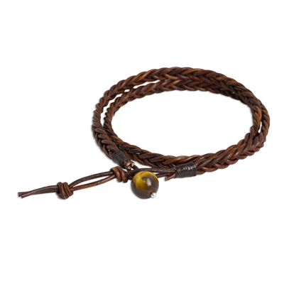 Men's tiger's eye and leather wrap bracelet, 'Double Cinnamon' - Men's Hand Braided Brown Leather Wrap Bracelet