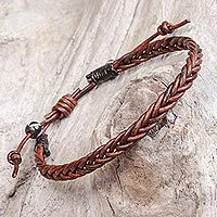 Pulsera trenzada de cuero, 'Cinnamon Braid' - Pulsera trenzada de cuero marrón canela de Tailandia