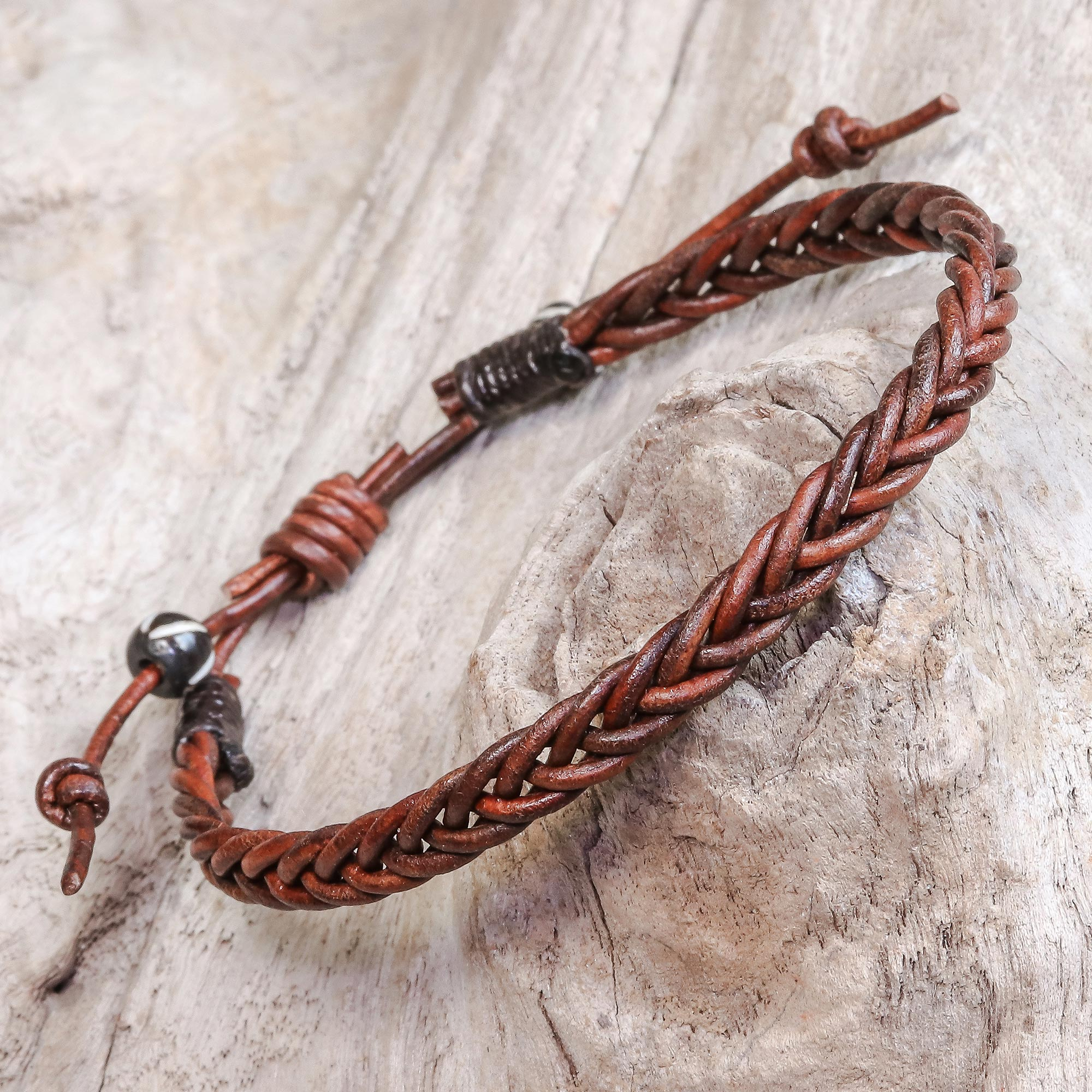 Cinnamon Brown Leather Braided Bracelet from Thailand - Cinnamon
